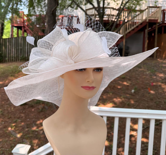White Wide Brim Sinamay Hat For Easter Day, Wedding, Kentucky Derby Party, Ascort Royal Party,Tea &Garden Party, Mother of the Bride, Church