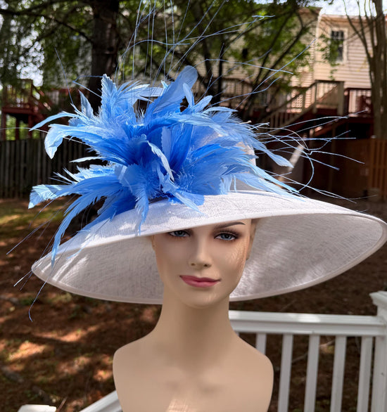 White & Light Blue Feather Derby Hat: Wide Brim Sinamay