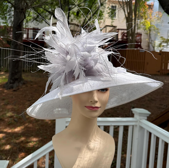 White Feather Flower Derby Hat, Wide Brim Sinamay Ascot Hat