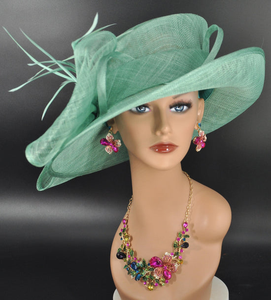 Turquoise Sinamay Derby Hat: Wide Brim Floppy Church Wedding
