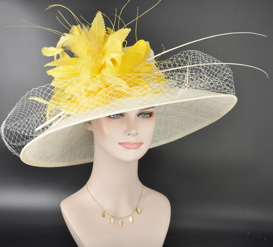 Off White Yellow Feather Flower Wide Brim Kentucky Derby Hat, Ascot Hat for Wedding Tea Party, Garden Party Hat, Mother of the Bride, Church