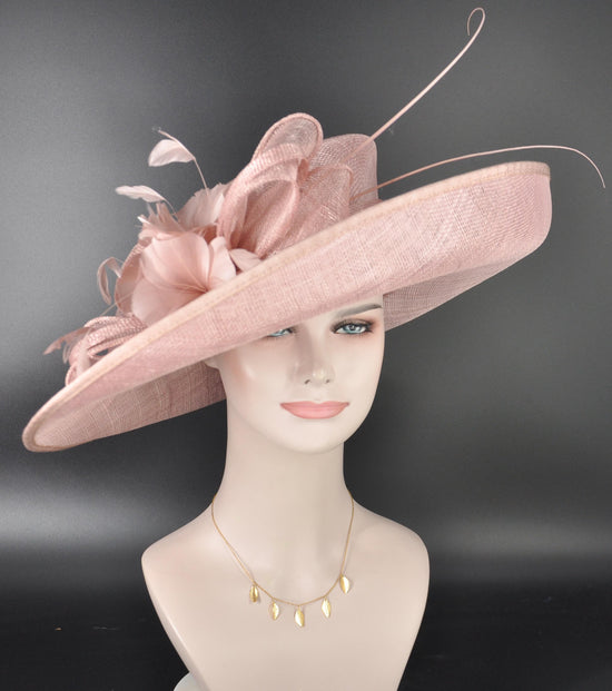 Blush Pink Dusty Pink Wide brim Sinamay Hat For Kentucky Derby, Ascot Royal, Tea Wedding Garden Party, Church, Mother of the Bride