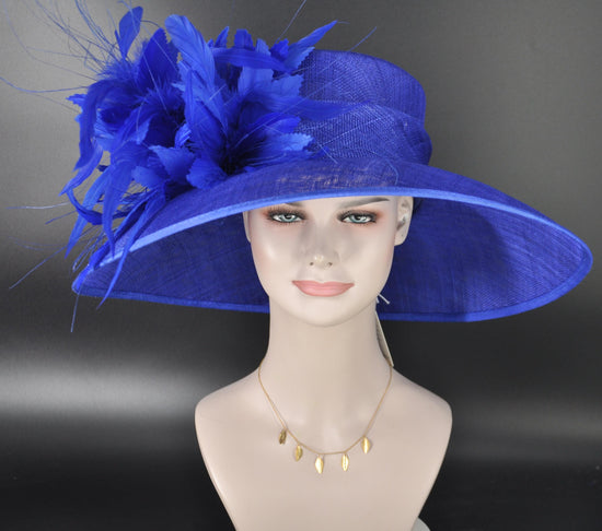 Royal Blue Derby Hat: Feather Flowers, Wide Brim Sinamay