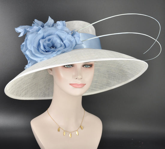 White Powder Blue Silk Flower Wide Brim Kentucky Derby Hat,Ascot Hat for Wedding & Tea Party, Garden Party Hat, Mother of the Bride,Church