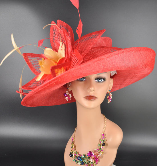 Red with Gold Wide Brim Kentucky Derby Hat, Ascot Hat for Wedding & Tea Party, Garden Party Hat, Mother of the Bride, Church