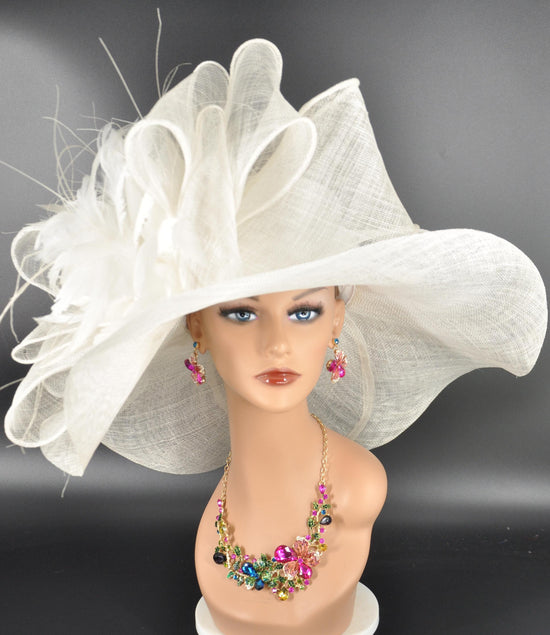 White Wide Brim Sinamay Derby Hat, Statement Hat, Hepburn Style Hat, Ascot Fascinator for Wedding, Church, Tea Party