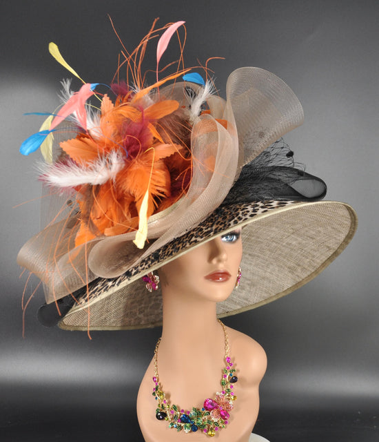 Taupe Leopard Orange Pink Wide Brim Kentucky Derby Hat, Ascot Hat for Wedding & Tea Party, Garden Party Hat, Mother of the Bride, Church
