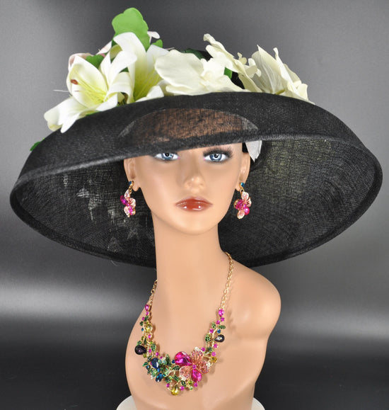 Audrey Hepburn Style Derby Hat: Black Sinamay Wide Brim with Orchids