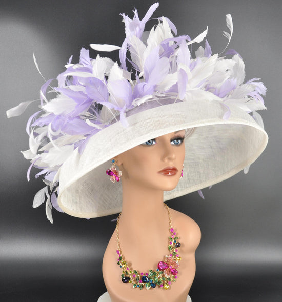 Wide Brim Kentucky Derby Hat, Ascot Hat for Wedding & Tea Party, Garden Party Hat, Mother of the Bride, Church White W Lilac