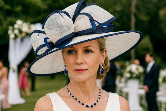 White Navy Blue Wide Brim Kentucky Derby Hat,Ascot Hat for Wedding & Tea Party, Garden Party Hat, Mother of the Bride, Church