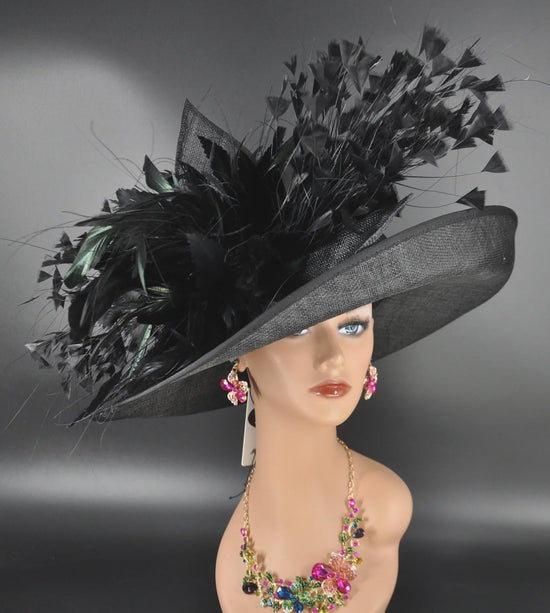 Black Wide Brim Sinamay Derby Hat, Feather & Bow Statement Hat, Ascot Fascinator for Wedding, Church, Tea Party