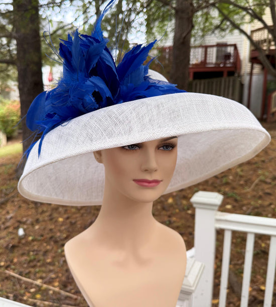White with Royal Blue Feather Wide Brim Sinamay Derby Hat, Statement Hat, Hepburn Style Hat, Ascot Fascinator for Wedding, Church, Tea Party