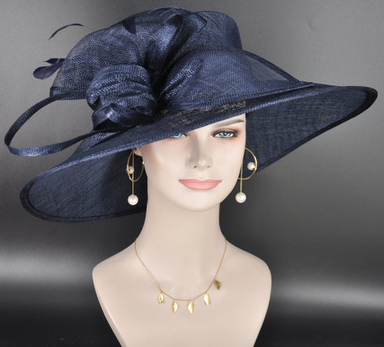 Navy Blue Three Layer Wide Brim Sinamay Hat Kentucky Derby Hat Wedding Church Tea Party Garden Carriage Party Ascort Royal Party Hat
