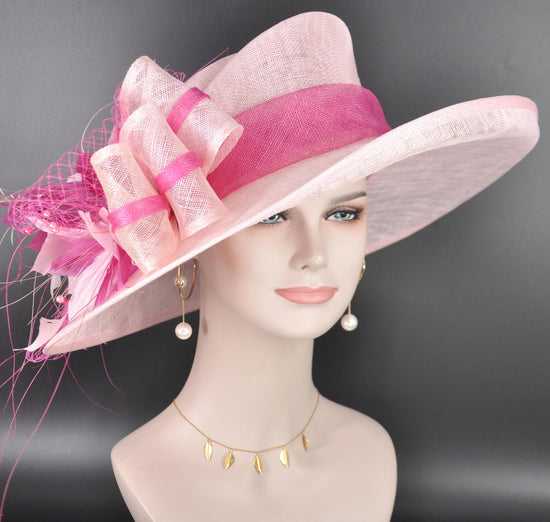 Baby Pink Fuchsia Pink Hot Pink Wide Brim Kentucky Derby Hat, Ascot Hat for Wedding & Tea Party,Garden Party Hat,Mother of the Bride, Church