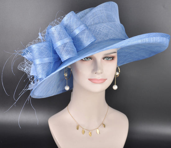 Light Blue Wide Brim Kentucky Derby Hat, Ascot Hat for Wedding & Tea Party, Garden Party Hat, Mother of the Bride, Church