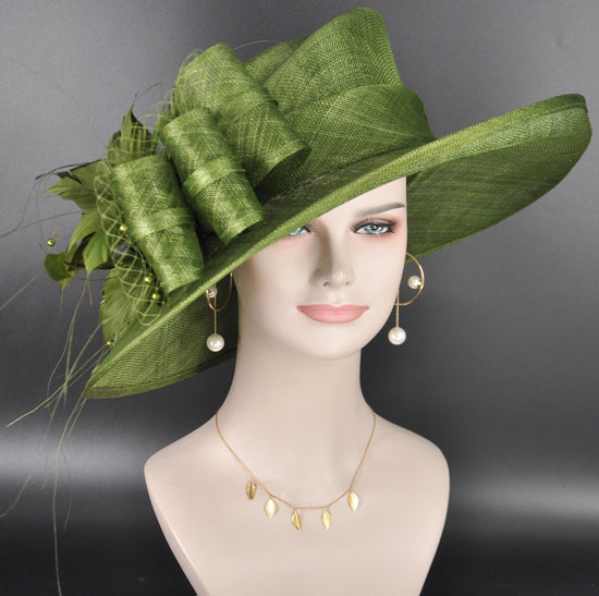 Olive Green Wide Brim Kentucky Derby Hat, Ascot Hat for Wedding & Tea Party, Garden Party Hat, Mother of the Bride, Church