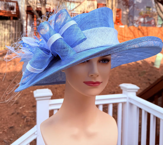 Light Blue White Wide Brim Kentucky Derby Hat, Ascot Hat for Wedding & Tea Party, Garden Party Hat, Mother of the Bride, Church