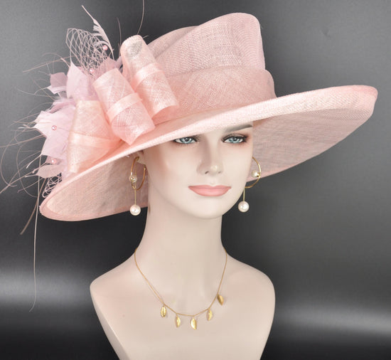 Pink Wide Brim Kentucky Derby Hat, Ascot Hat for Wedding & Tea Party, Garden Party Hat, Mother of the Bride, Church