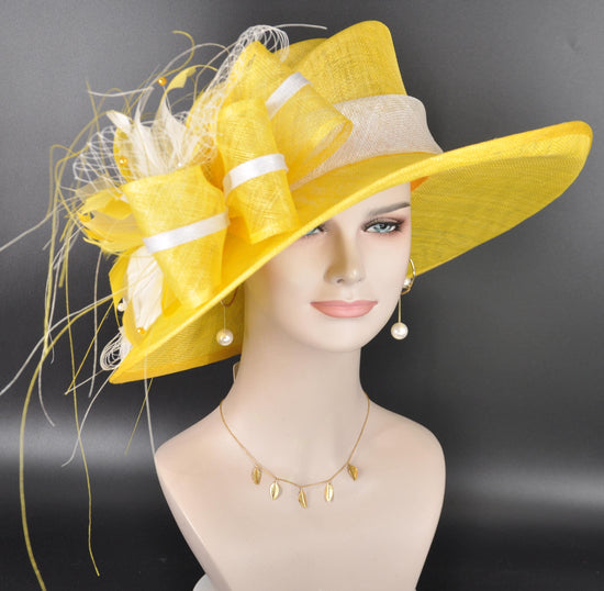 Lemon Yellow White Wide Brim Kentucky Derby Hat, Ascot Hat for Wedding & Tea Party, Garden Party Hat, Mother of the Bride, Church