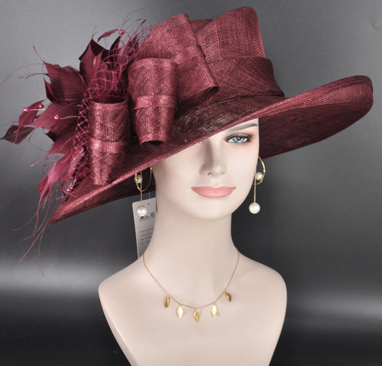 Burgundy Wine Maroon Wide Brim Kentucky Derby Hat, Ascot Hat for Wedding & Tea Party, Garden Party Hat, Mother of the Bride, Church
