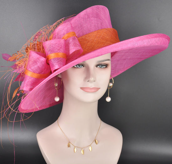 Hot Pink Orange Wide Brim Kentucky Derby Hat, Ascot Hat for Wedding & Tea Party, Garden Party Hat, Mother of the Bride, Church