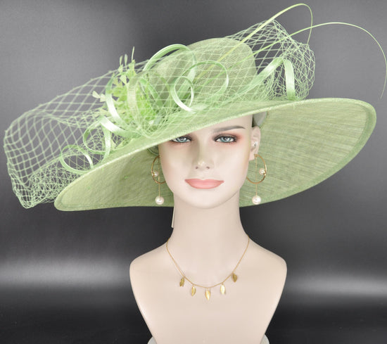 Spring Green Wide Brim Sinamay Derby Hat: Feather Flower Ascot Hat