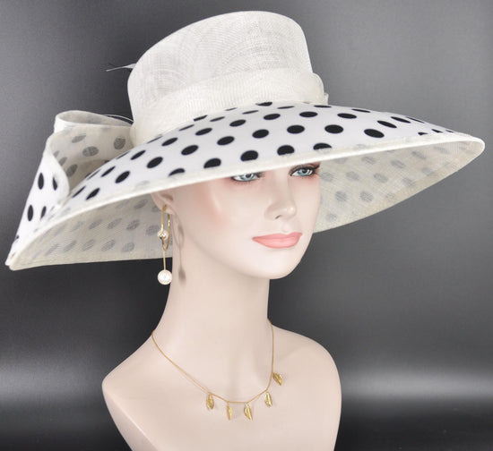 White w Black Polka Dots Wide Brim Hat for Women, Kentucky Derby Hat, Church & Ascot Hat, Adjustable Size Elegant Statement Hat