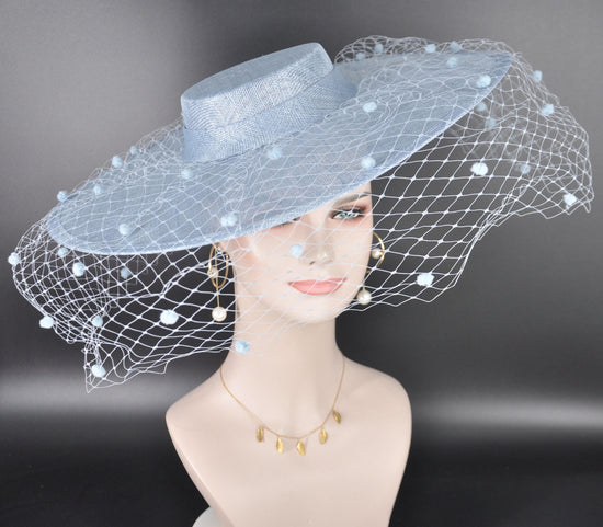 Light Blue Wide Brim Fascinator Hat with Veil 18 Inch Sinamay Ascot Hat for Wedding Race Day Mother of the Bride