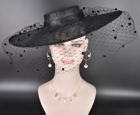 Black Wide Brim Fascinator Hat with Veil 18 Inch Sinamay Ascot Hat for Wedding Race Day Mother of the Bride