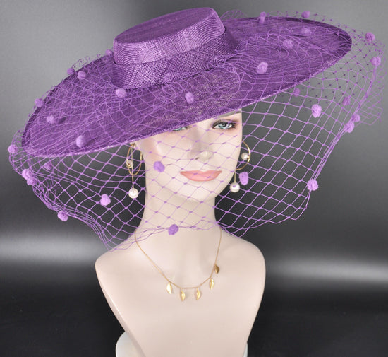 Purple Wide Brim Fascinator Hat with Veil 18 Inch Sinamay Ascot Hat for Wedding Race Day Mother of the Bride