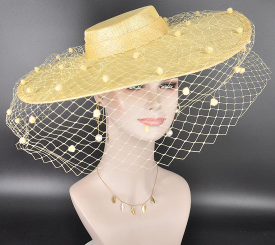 Lemon Yellow Wide Brim Fascinator Hat with Veil 18 Inch Sinamay Ascot Hat for Wedding Race Day Mother of the Bride