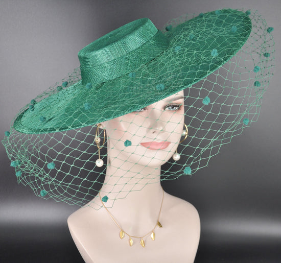 Emerald Green Wide Brim Fascinator Hat with Veil 18 Inch Sinamay Ascot Hat for Wedding Race Day Kentucky Derby Party Mother of the Bride