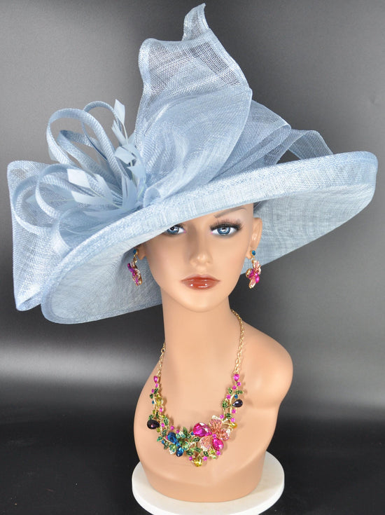Wide Brim Sinamay Hat for Kentucky Derby, Ascot Racing Hat, Elegant Wedding Guest Hat, Mother of the Bride Hat Light Blue