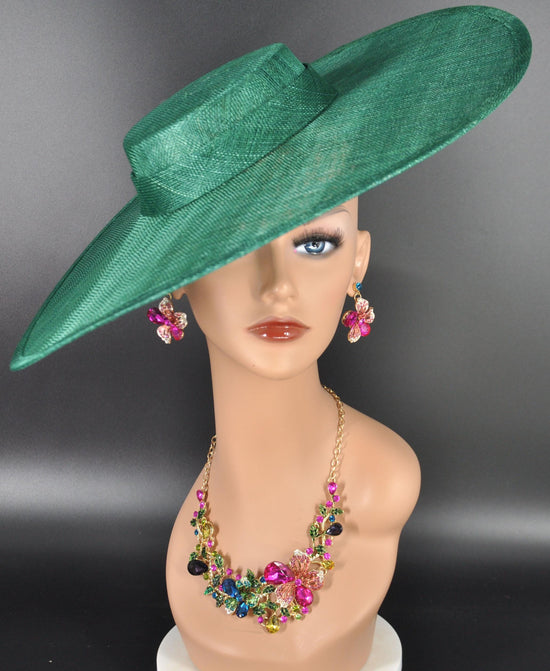 Emerald Green Wide Brim Sinamay Fascinator Hat Ascot Royal Hat for Wedding Race Day Kentucky Derby Party Mother of the Bride