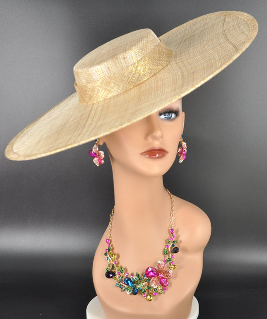 Gold Wide Brim Sinamay Fascinator Hat Ascot Royal Hat for Wedding Race Day Kentucky Derby Party Mother of the Bride