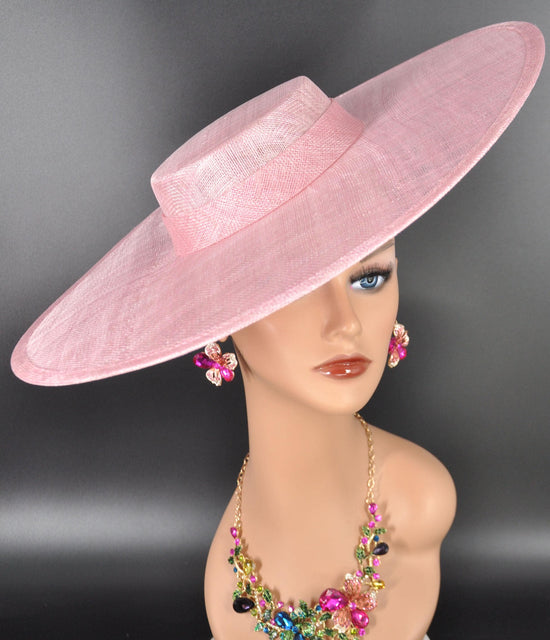 Pink Wide Brim Sinamay Fascinator Hat Ascot Royal Hat for Wedding Race Day Kentucky Derby Party Mother of the Bride