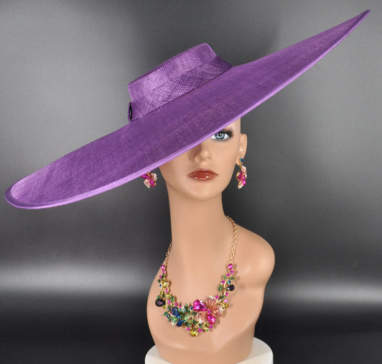 Purple Wide Brim Sinamay Fascinator Hat Ascot Royal Hat for Wedding Race Day Kentucky Derby Party Mother of the Bride Studio Photoshoot