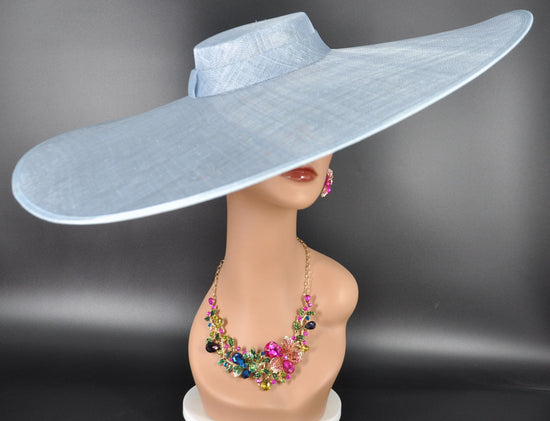 Light Blue Wide Brim Sinamay Fascinator Hat Ascot Royal Hat for Wedding Race Day Kentucky Derby Party Mother of the Bride Studio Photoshoot