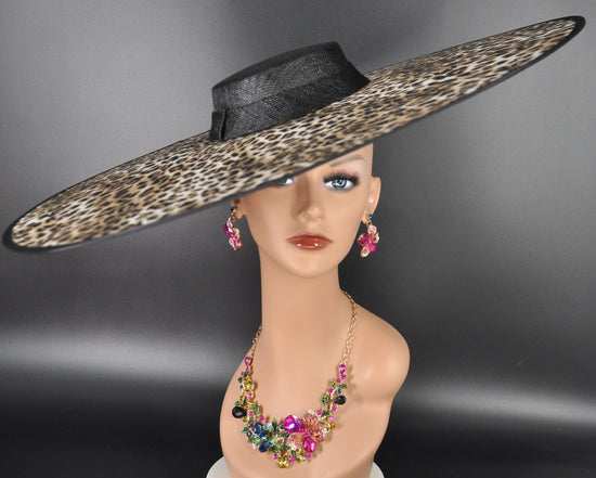 Wide Brim Kentucky Derby Fascinator Hat, Ascot Hat for Wedding & Tea Party, Garden Party Hat, Mother of the Bride, Church Black w Leopard