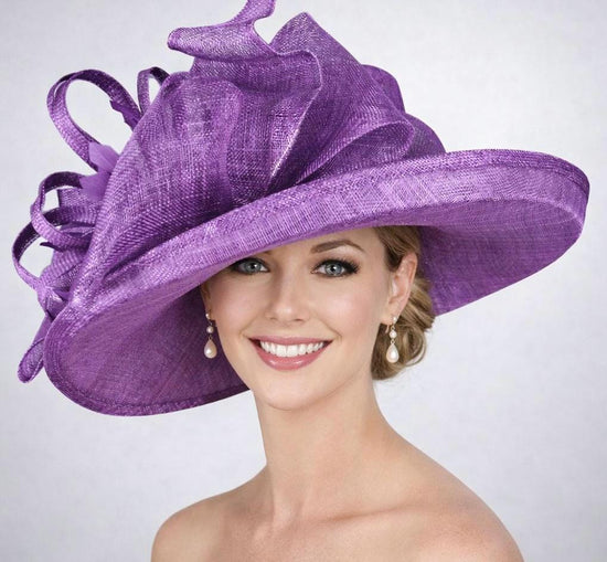 Purple Wide Brim Sinamay Hat for Kentucky Derby, Ascot Racing Hat, Elegant Wedding Guest Hat, Mother of the Bride Hat