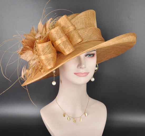 Metal Gold Wide Brim Kentucky Derby Hat, Ascot Hat for Wedding & Tea Party, Garden Party Hat, Mother of the Bride, Church