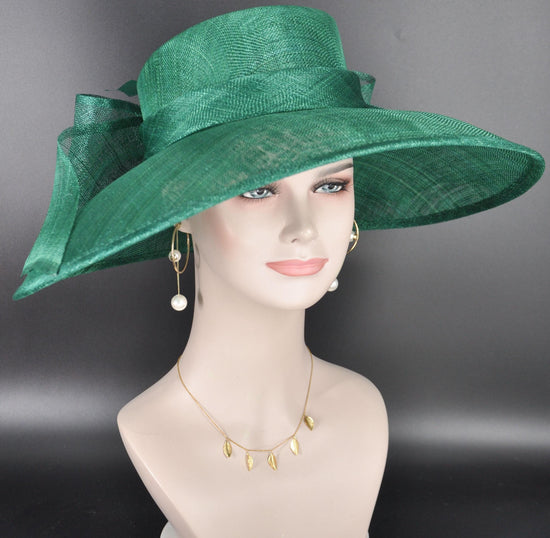 Emerald Green Wide Brim Hat for Women, Kentucky Derby Hat, Church & Ascot Hat, Adjustable Size Elegant Statement Hat