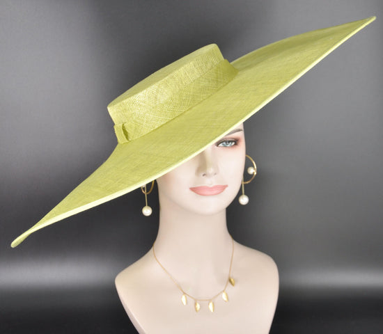 Wide Brim Sinamay Hat, 23.5 Inch Derby Hat, Ascot Hat, Church Hat, Wedding Hat, Statement Race Day Hat Lime Green
