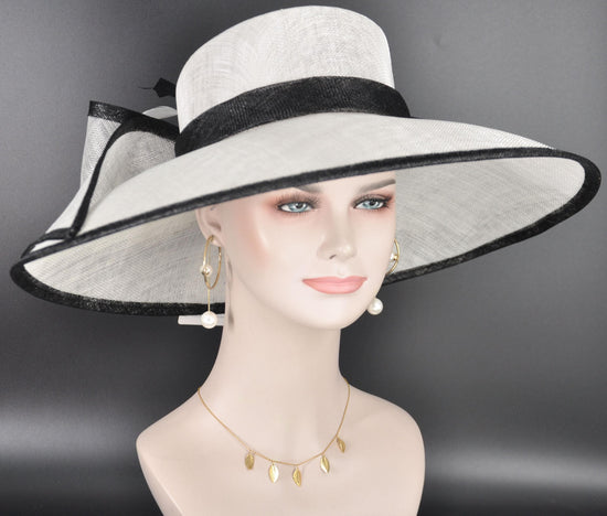 White w Black Wide Brim Hat for Women, Kentucky Derby Hat, Church & Ascot Hat, Adjustable Size Elegant Statement Hat