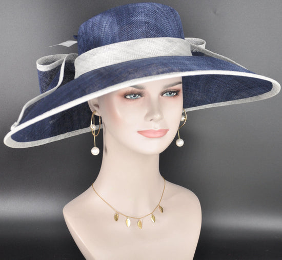 Navy Blue w White Wide Brim Hat for Women, Kentucky Derby Hat, Church & Ascot Hat, Adjustable Size Elegant Statement Hat