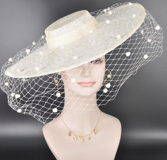Off White/Ivory Wide Brim Fascinator Hat with Veil 18 Inch Sinamay Ascot Hat for Wedding Race Day Mother of the Bride