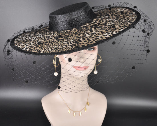 Black w Leopard Wide Brim Fascinator Hat with Veil 18 Inch Sinamay Ascot Hat for Wedding Race Day Mother of the Bride