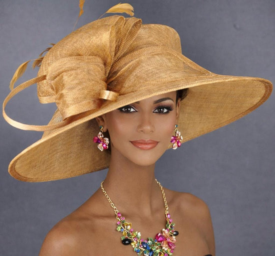 Metal Gold Three Layer Wide Brim Sinamay Hat Kentucky Derby Hat Wedding Church Tea Party Garden Party Ascort Royal Party Hat