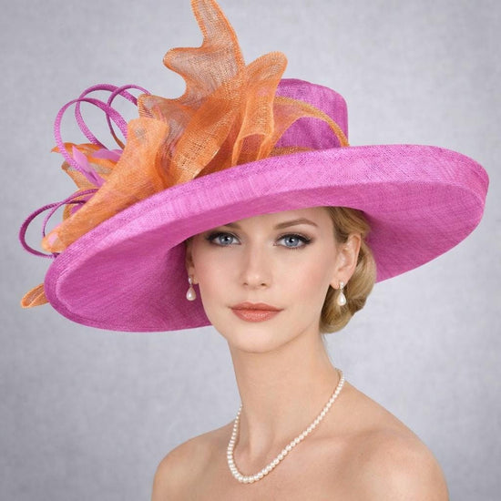 Wide Brim Sinamay Hat for Kentucky Derby, Ascot Racing Hat, Elegant Wedding Guest Hat, Mother of the Bride Hat Fuchsia w Orange