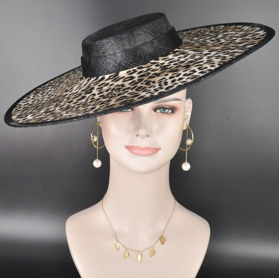 Black Leopard Wide Brim Sinamay Fascinator Hat Ascot Royal Hat for Wedding Race Day Kentucky Derby Party Mother of the Bride